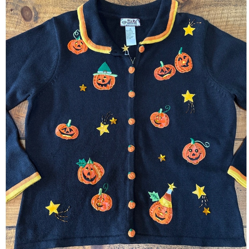 Tiara International Womens Vintage Pumpkin Halloween Beaded Sweater Embroidery M